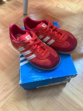 adidas Kids Red Suede Sneakers with White Stripes